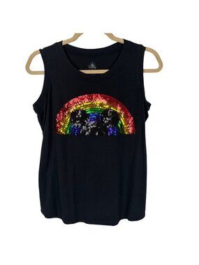 ✨3/$30 Disney S Womens Black Tank Top Sequin Mickey Mouse Rainbow Design Pride